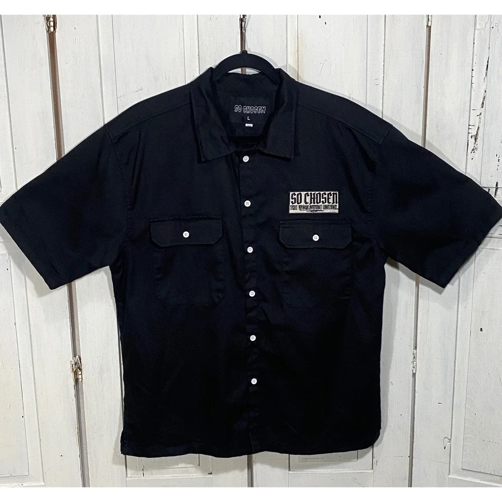 So Chosen Worldwide Edition Mens Black Short Sleeve Work Shirt Large Embroidered